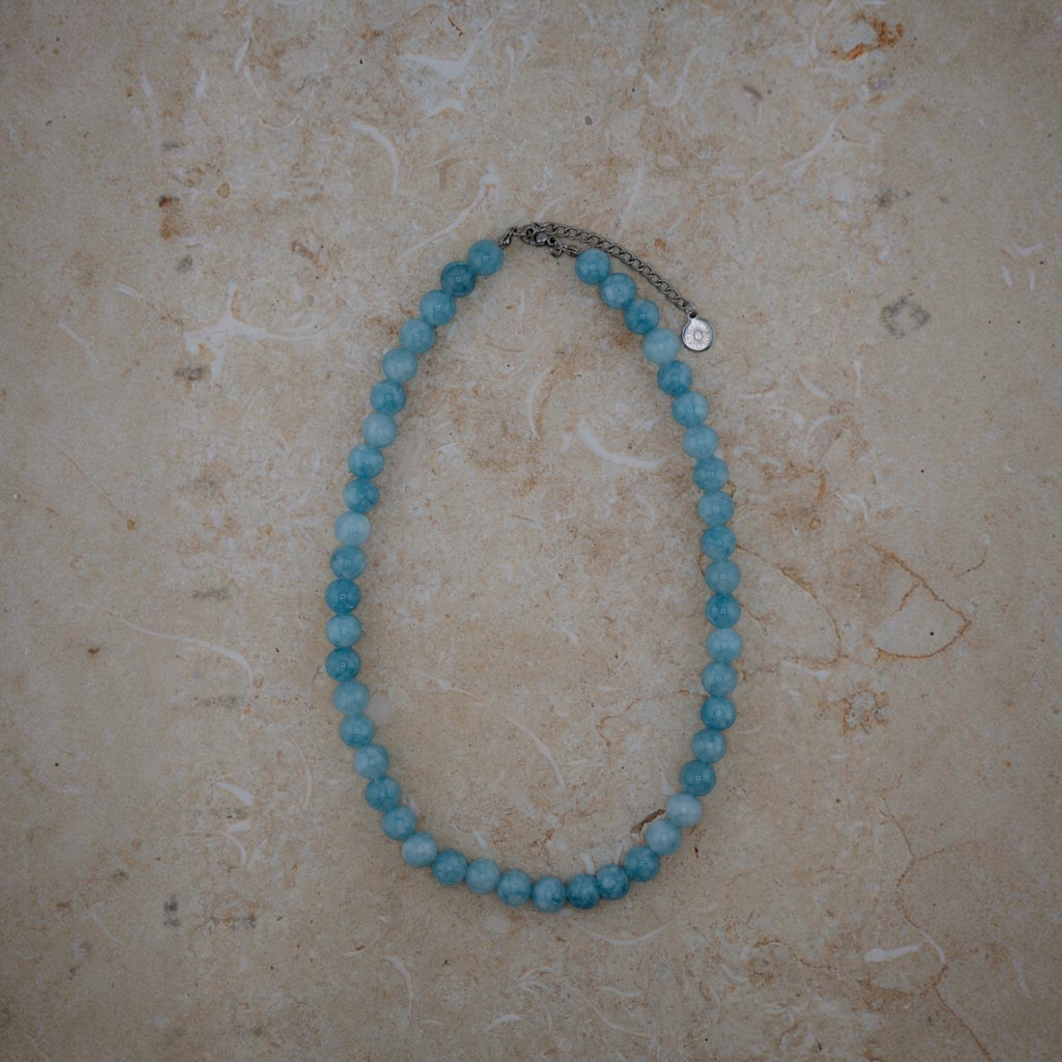 HOUSE OF EVEN blue jade beaded necklace with polished natural stone beads and silver-tone stainless steel hardware
