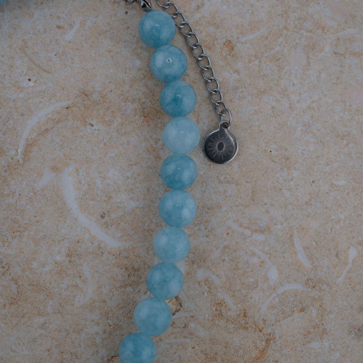 HOUSE OF EVEN blue jade bead necklace with silver-tone stainless steel extension chain and signature charm